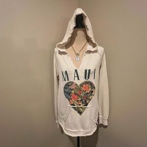 MAUI Floral Heart Island Hooded Pullover - Raw Hem, Cream, size Large